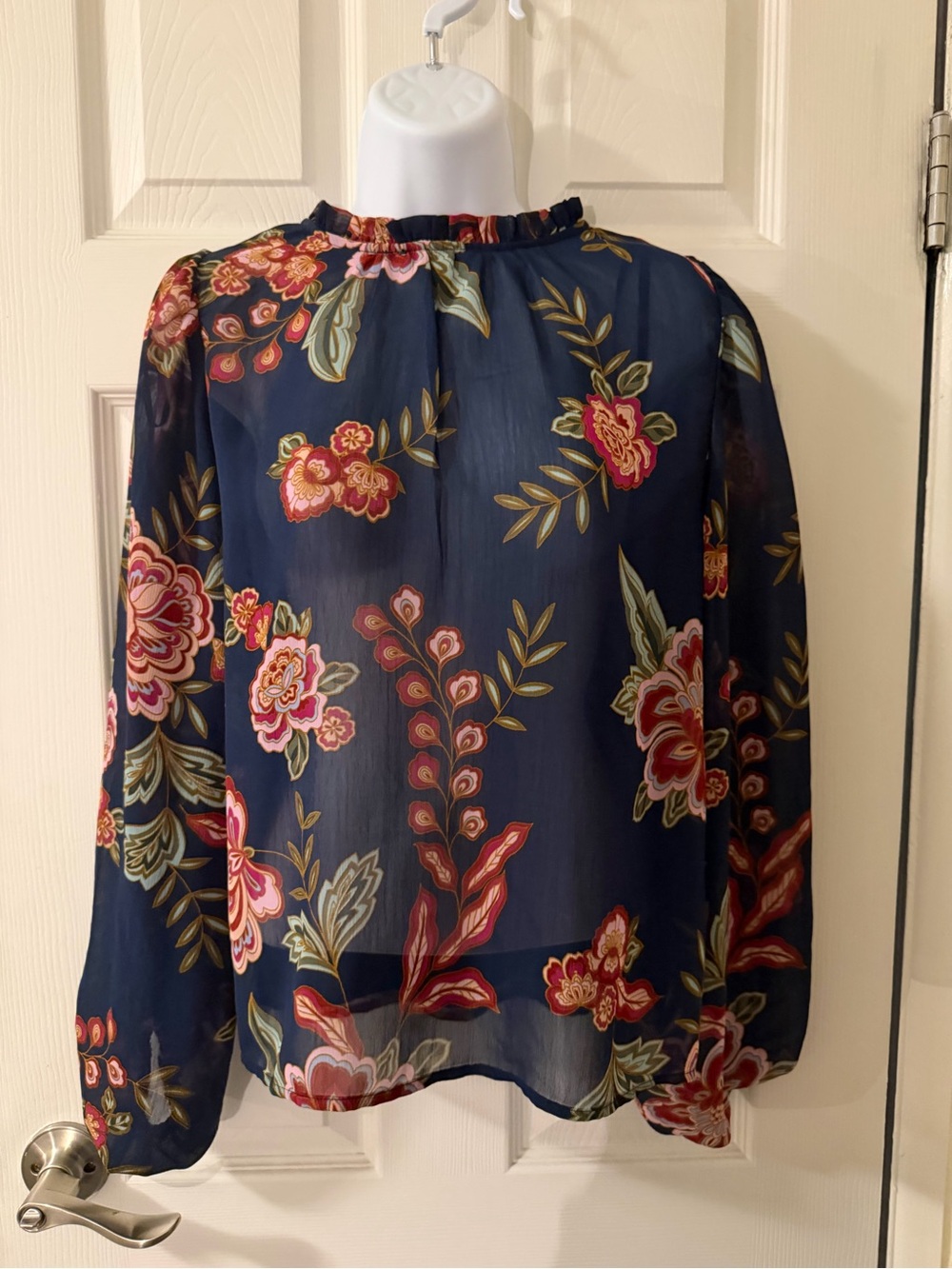Jessica Simpson Navy Floral Sheer Ruffled Neck Blouse